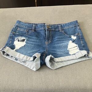 Denim Distressed Paisley Pockets Women Shorts